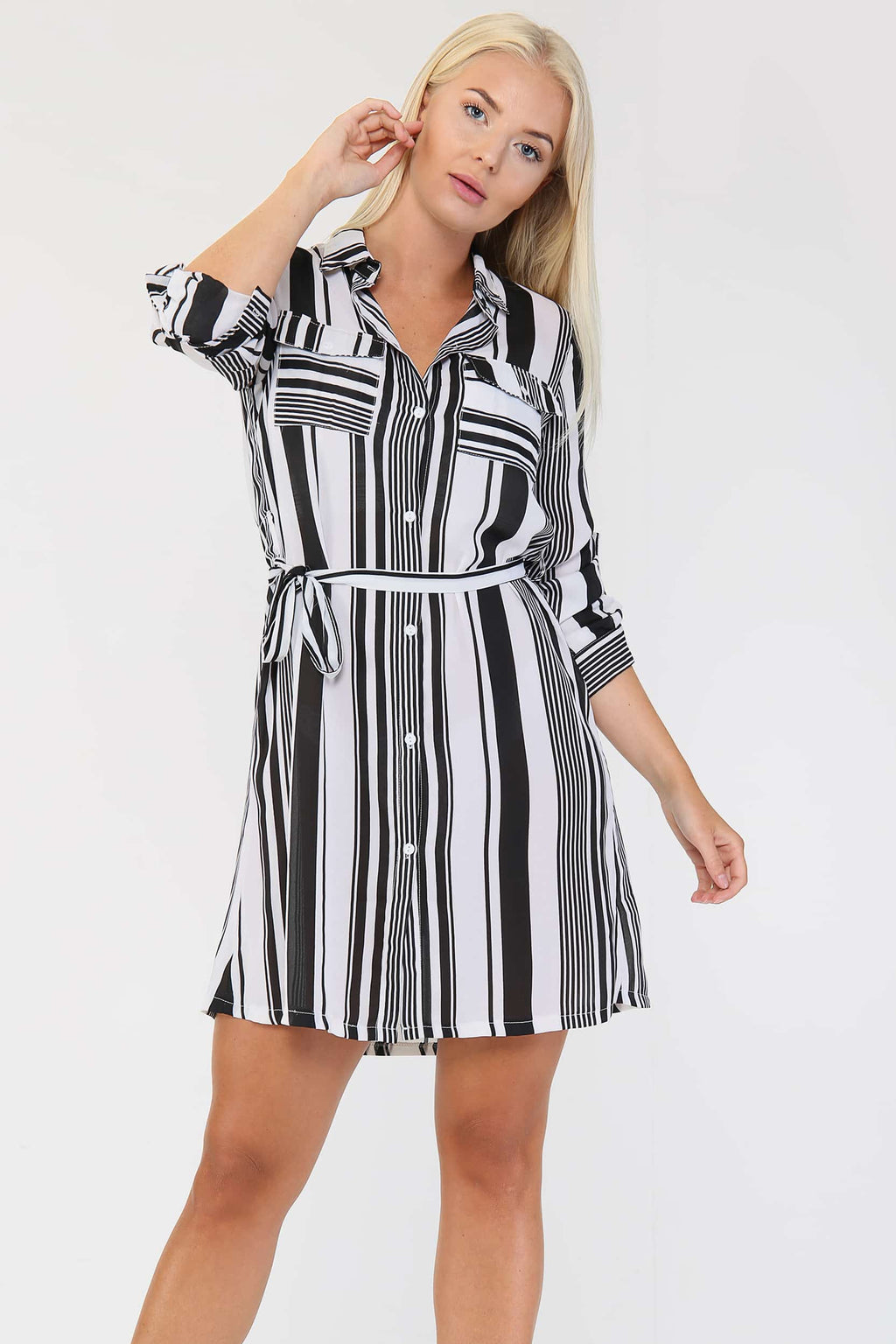 Black and White Striped Georgette Shirt Dress