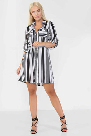 Black and White Striped Georgette Shirt Dress