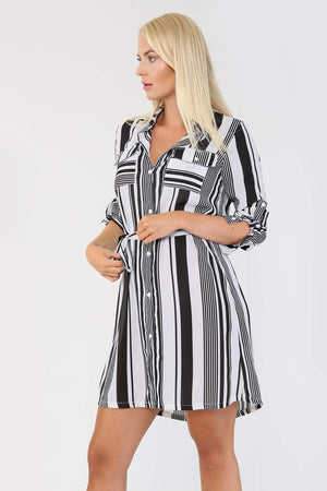 Black and White Striped Georgette Shirt Dress