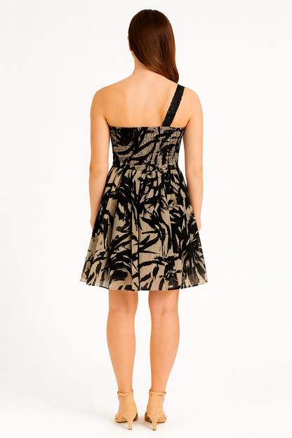 Back view of black beige chiffon one shoulder mini dress showcasing elegant drape and fit