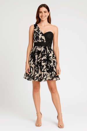 Front view of black beige chiffon one shoulder evening mini dress with flowing silhouette