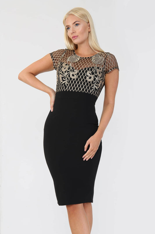 Black Embellished Cap Sleeve Contrast Midi Dress - Midi Dress - Avinci
