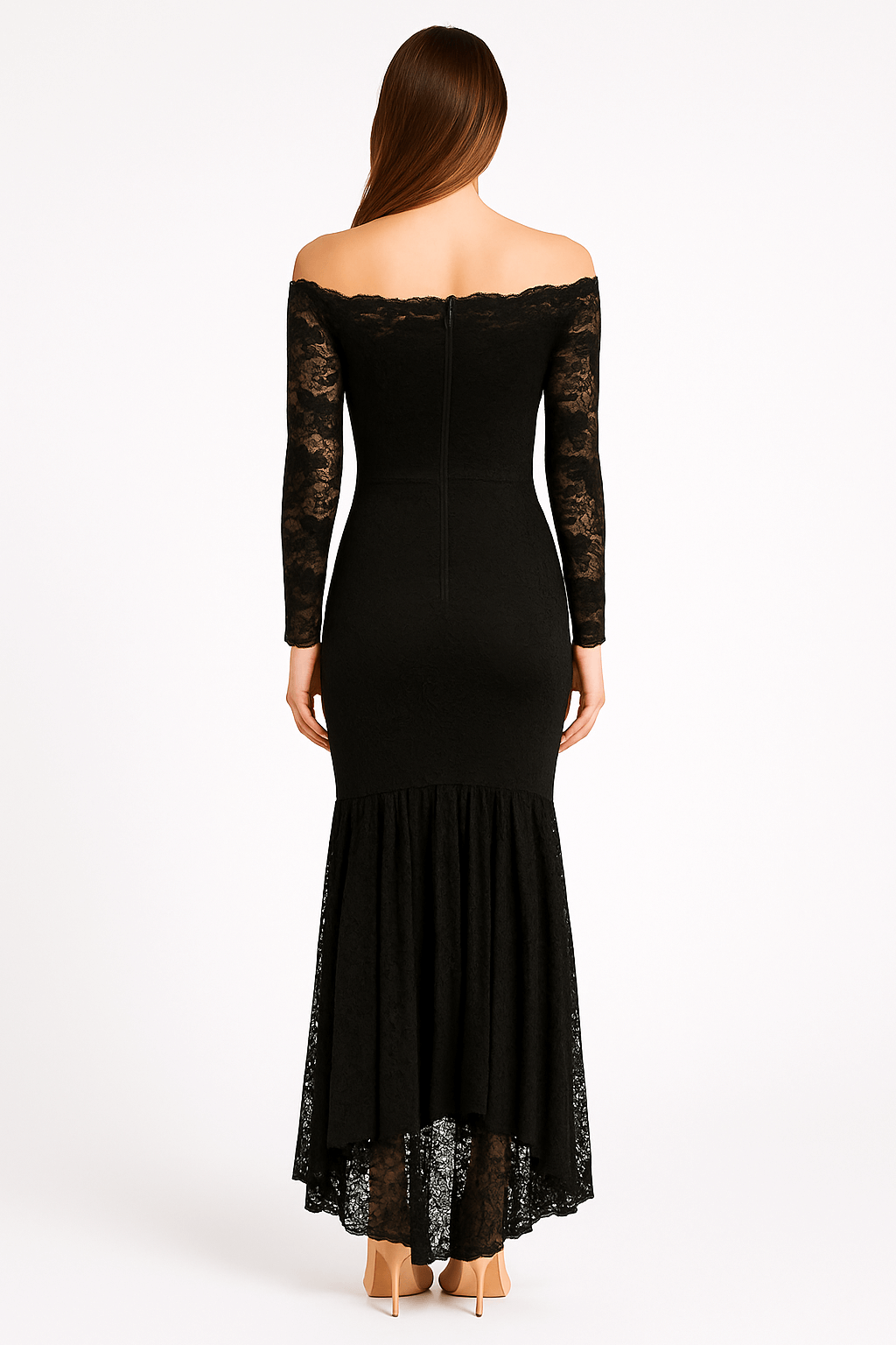 Back view of black floral lace bodycon off-shoulder maxi dress