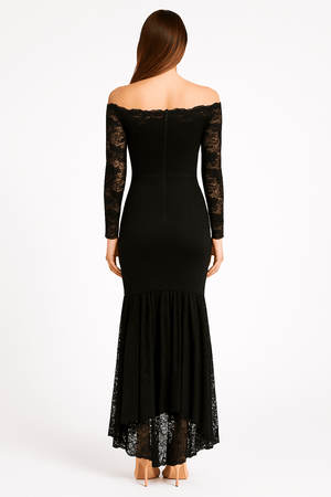 Back view of black floral lace bodycon off-shoulder maxi dress