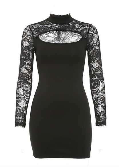 Black Lace Long Sleeve High Neck Cut Out Mini Dress