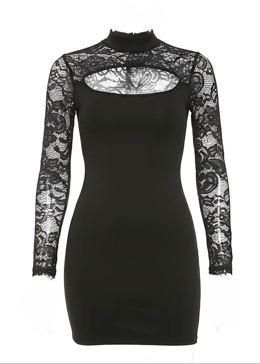 Black Lace Long Sleeve High Neck Cut Out Mini Dress