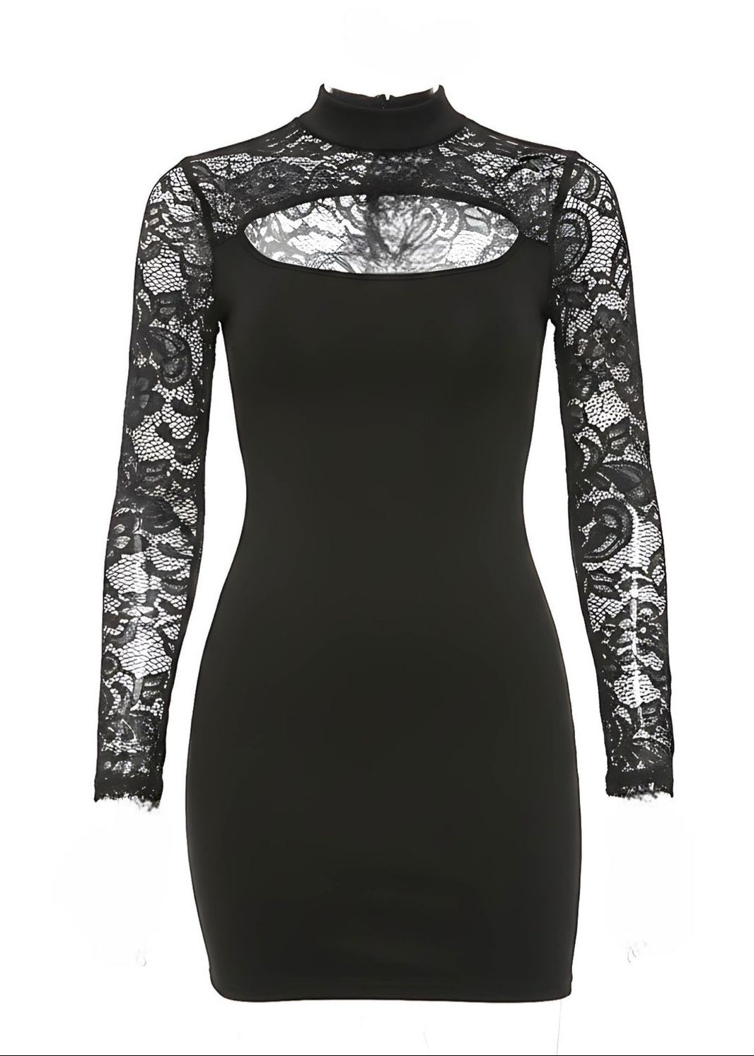 Black Lace Long Sleeve High Neck Cut Out Mini Dress
