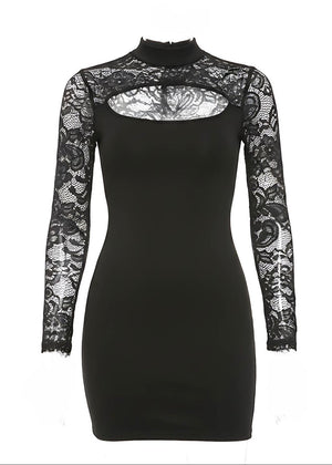 Black Lace Long Sleeve High Neck Cut Out Mini Dress