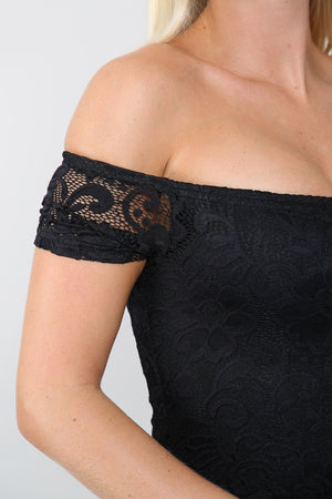 Black Bardot Neck Lace Bodycon Mini Dress - Bodycon Dress - Avinci