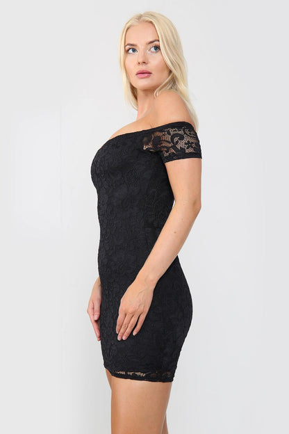 Black Bardot Neck Lace Bodycon Mini Dress - Bodycon Dress - Avinci