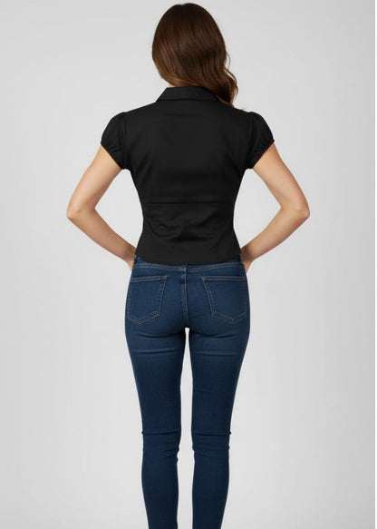 Black Puff Short Sleeve Collared Fitted Shirt