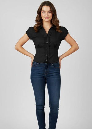 Black Puff Short Sleeve Collared Fitted Shirt