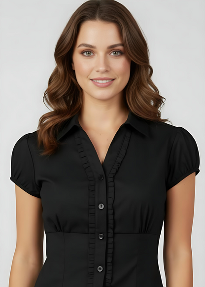 Black Puff Short Sleeve Collared Fitted Shirt