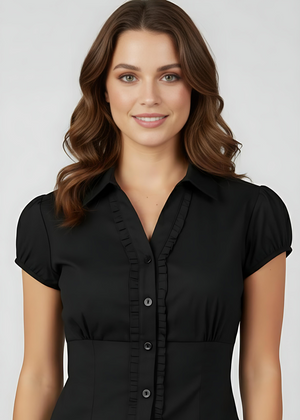 Black Puff Short Sleeve Collared Fitted Shirt