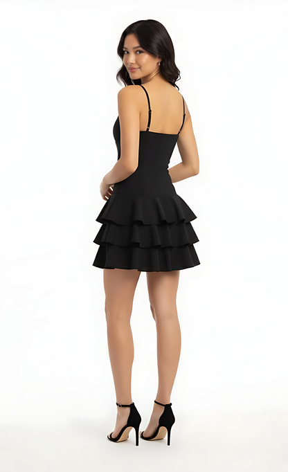Black Ruffle Tiered Spaghetti Strapped Mini Dress