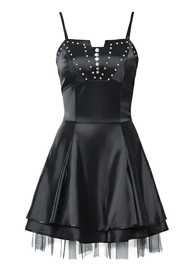 Black Satin Babydoll Mini Dress Embellished Design