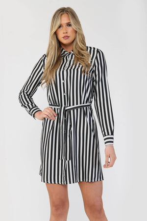 Striped Satin Shirt Dress - Day Dress - Avinci