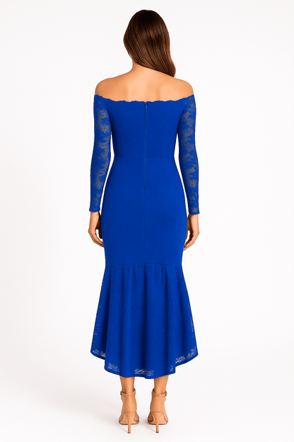 Back view of blue floral lace bodycon off-shoulder maxi dress