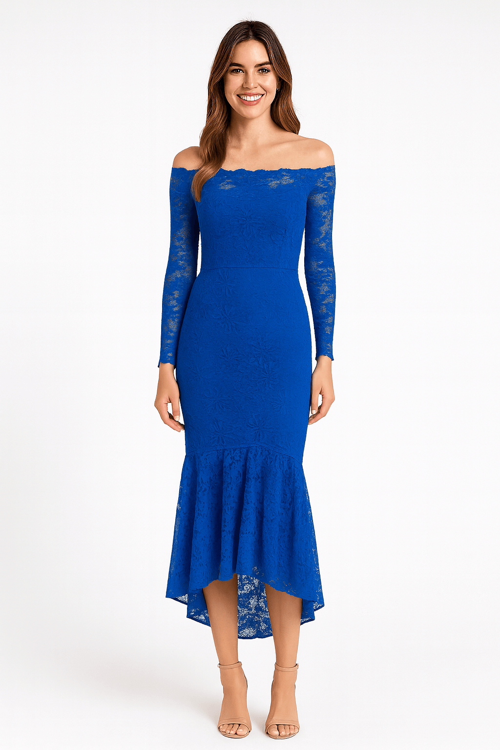 Front view of blue floral lace bodycon off-shoulder maxi dress