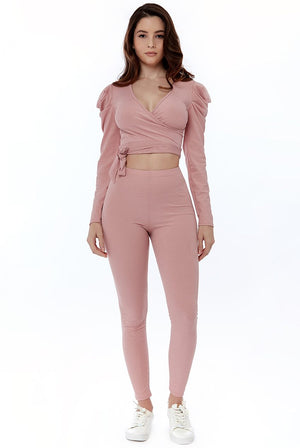 Blush Ruched Ribbed Wrap Crop Top and Leggings Co-ord Set - Co-ords - Avinci