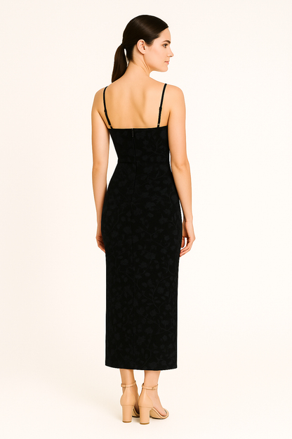 Back view of bodycon spaghetti straps floral velvet burnout maxi dress highlighting elegant fit