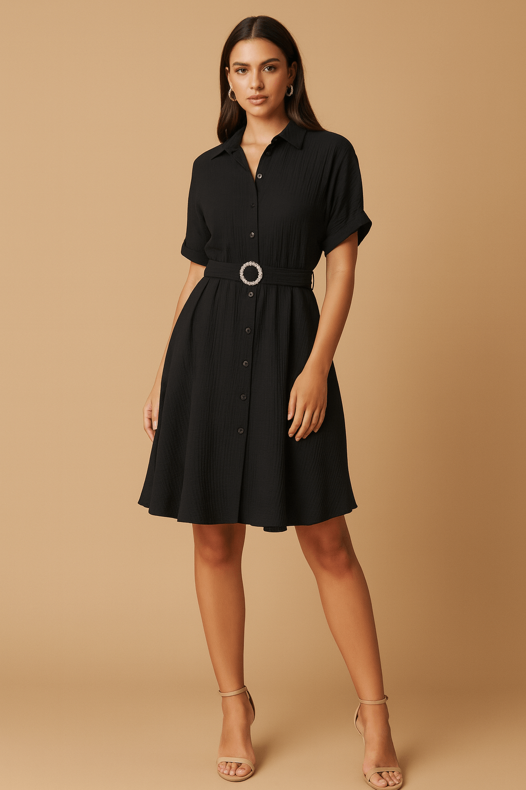 Black Stylish Circle Buckle Waist Belt Collared A-Line Dress