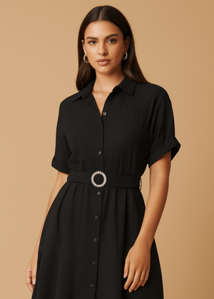 Black Stylish Circle Buckle Waist Belt Collared A-Line Dress