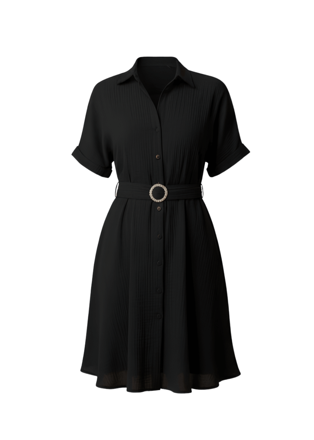 Black Stylish Circle Buckle Waist Belt Collared A-Line Dress