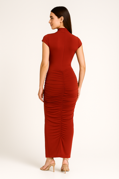 Cap sleeve jersey ruched waist maxi style evening gown, elegant fitted long dress for formal occasions back look