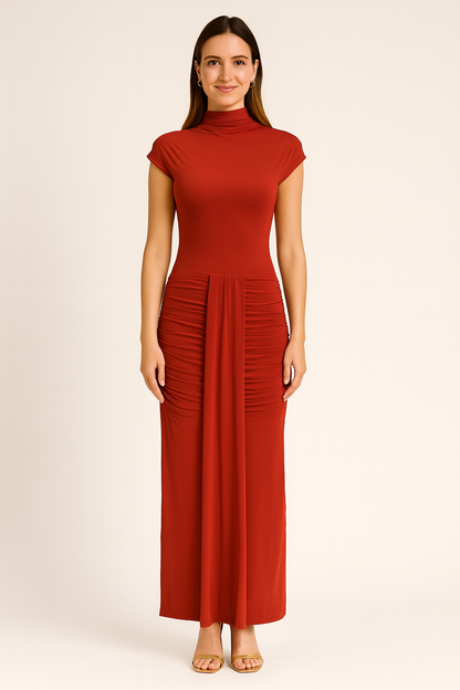 Cap sleeve jersey ruched waist maxi style evening gown, elegant fitted long dress for formal occasions front look