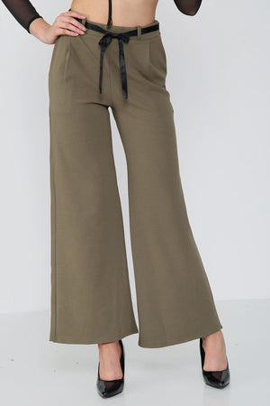 Wide Leg Belted Crepe Trousers - Trousers - Avinci