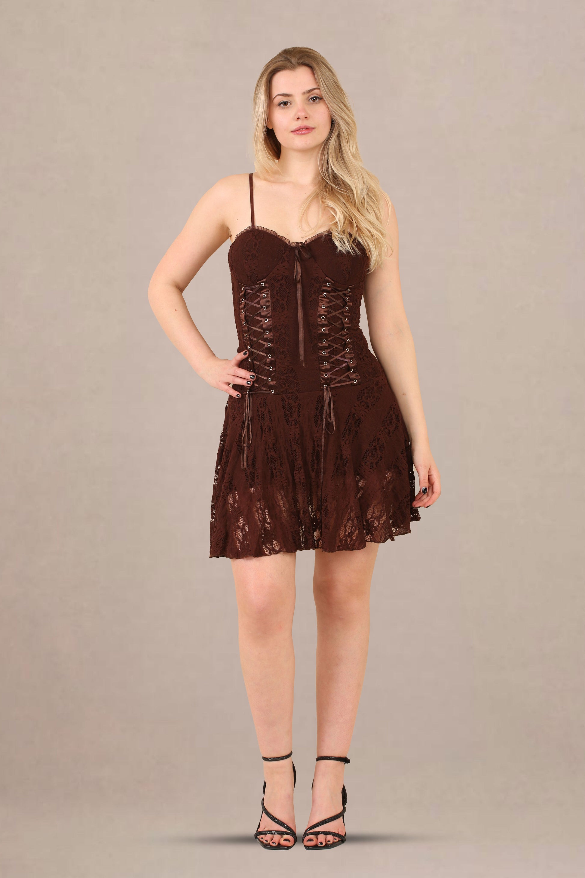 Avinci Chocolate Lace Corset Detail Mini Dress - Mini Dress - Avinci