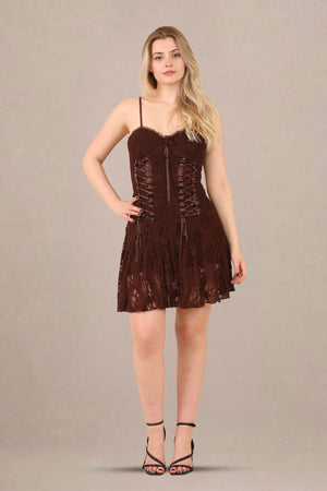 Avinci Chocolate Lace Corset Detail Mini Dress - Mini Dress - Avinci
