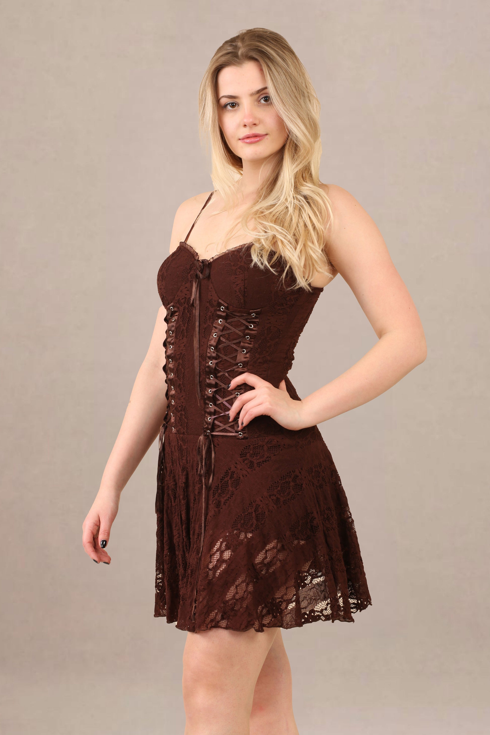 Avinci Chocolate Lace Corset Detail Mini Dress - Mini Dress - Avinci