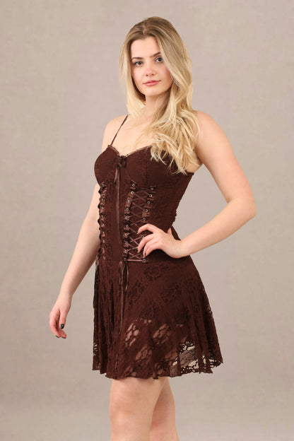 Avinci Chocolate Lace Corset Detail Mini Dress - Mini Dress - Avinci