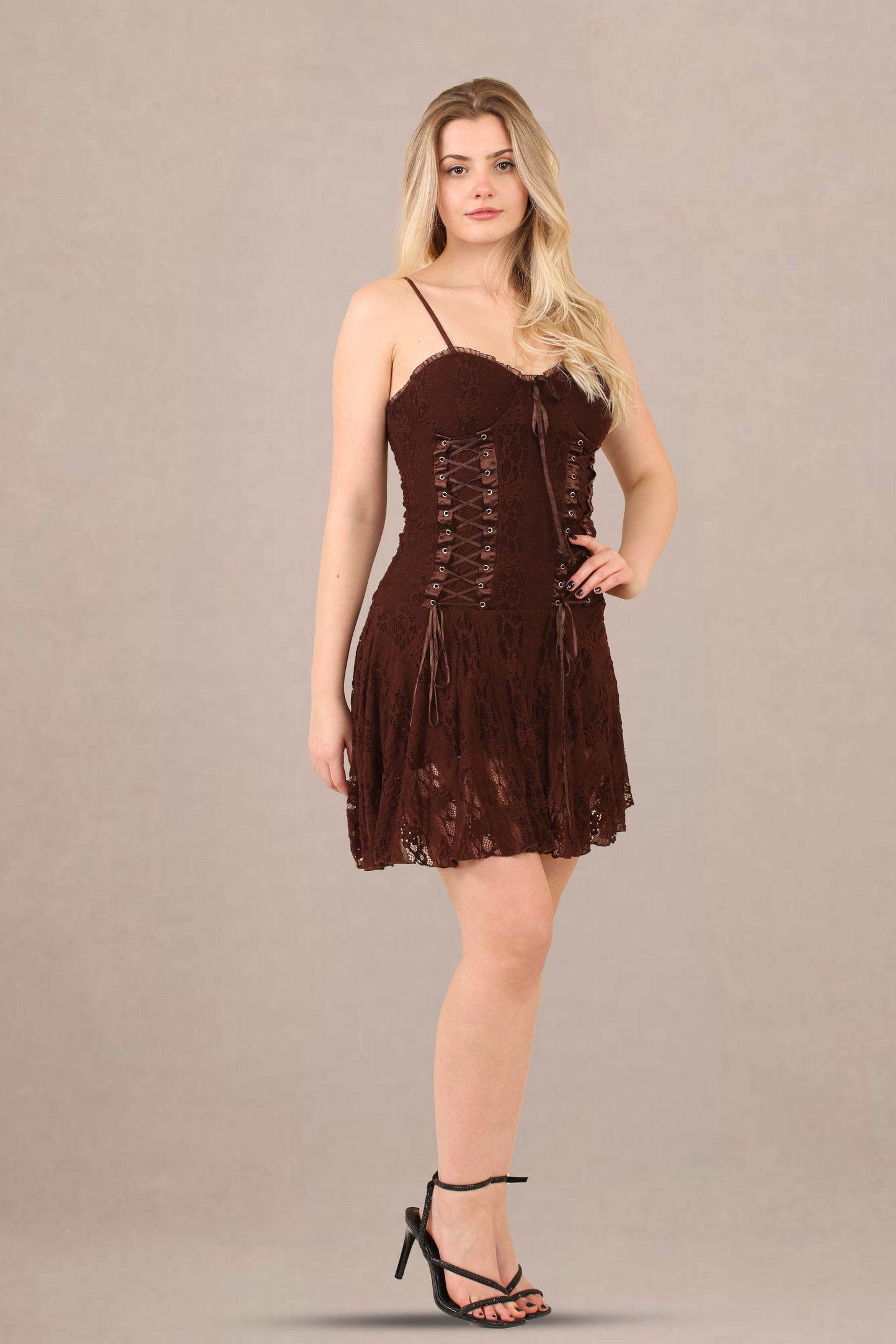 Avinci Chocolate Lace Corset Detail Mini Dress - Mini Dress - Avinci