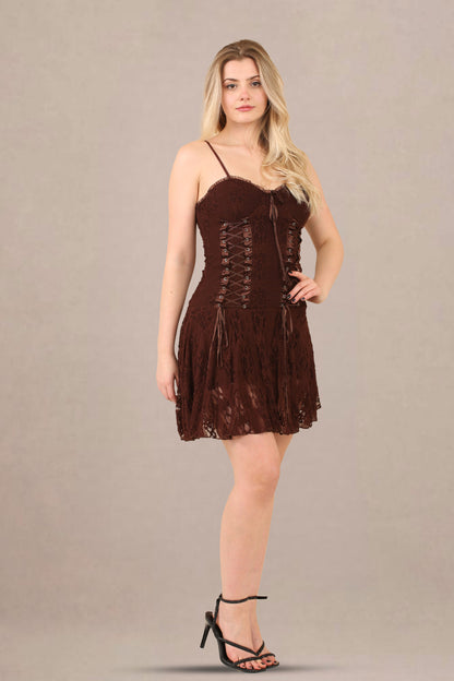 Avinci Chocolate Lace Corset Detail Mini Dress - Mini Dress - Avinci