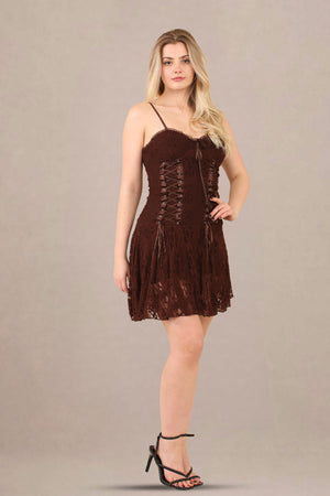 Avinci Chocolate Lace Corset Detail Mini Dress - Mini Dress - Avinci