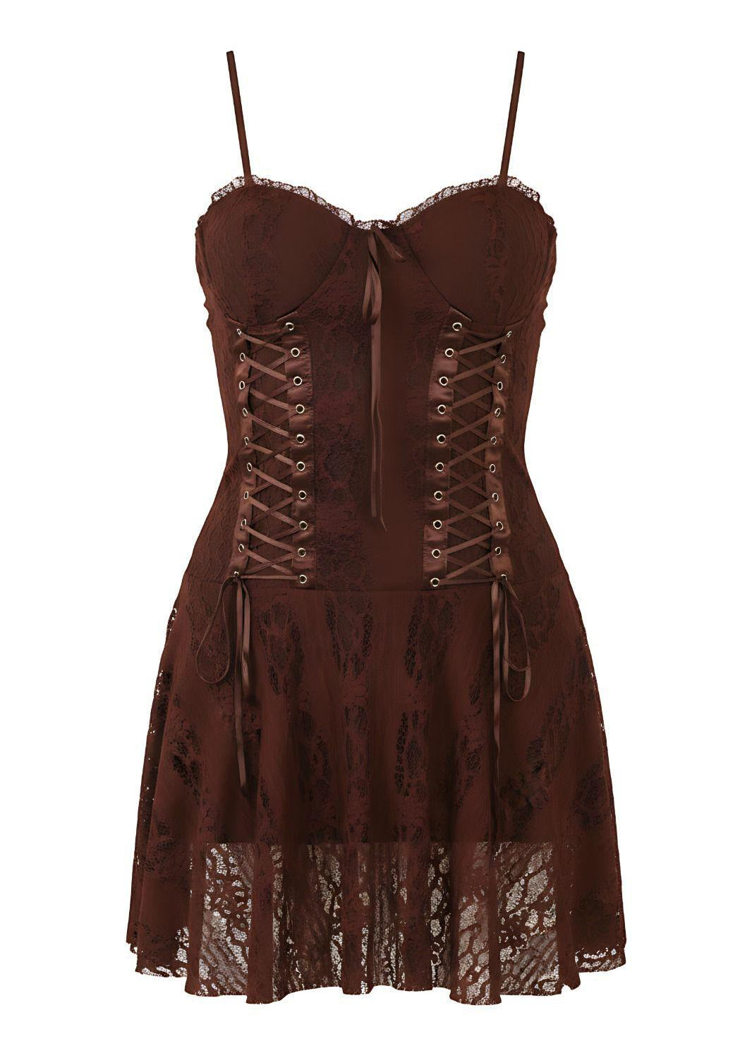 Brown Corset Style Detail Bodycon Brown Lace Panel Mini Dress