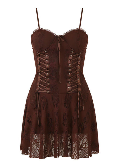 Brown Corset Style Detail Bodycon Brown Lace Panel Mini Dress