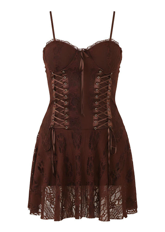 Brown Corset Style Detail Bodycon Brown Lace Panel Mini Dress