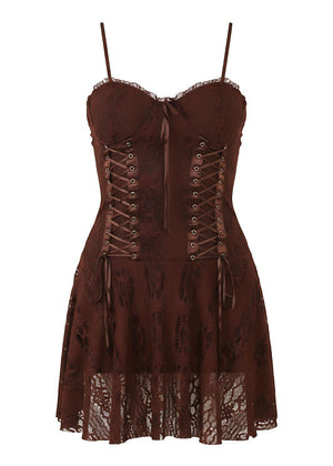Brown Corset Style Detail Bodycon Brown Lace Panel Mini Dress