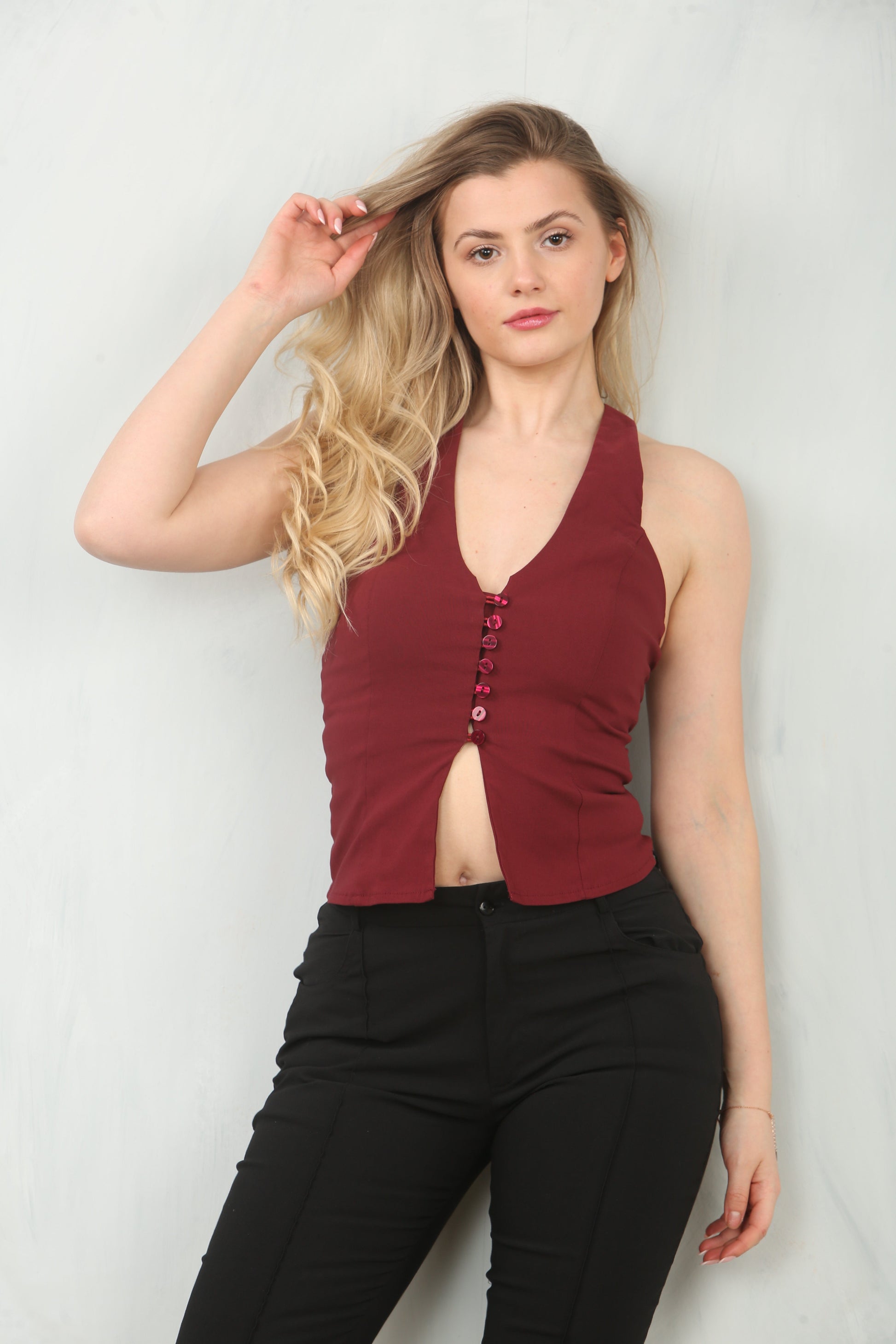 Bold Wine Color Halter Neck Top - Tops - Avinci