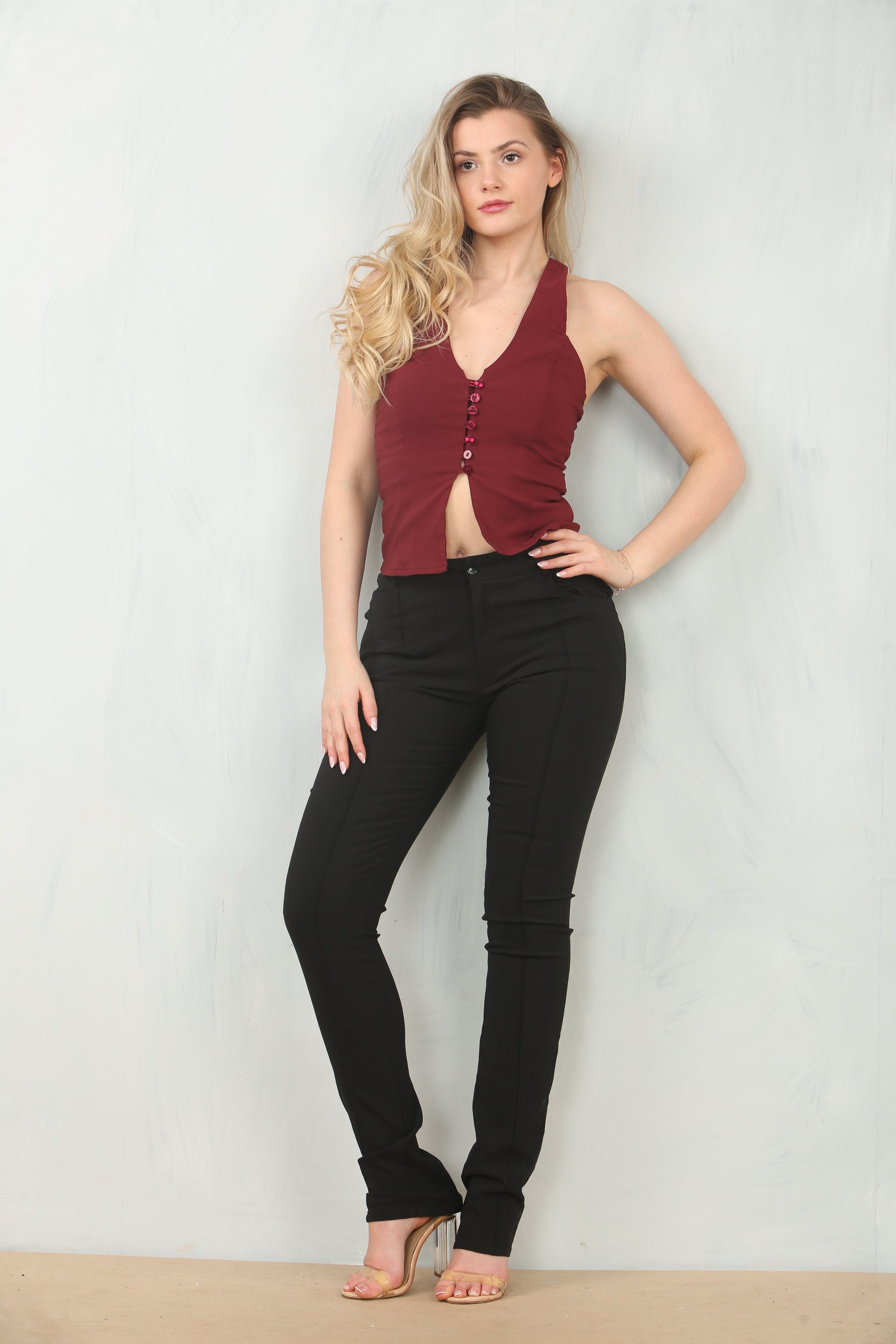Bold Wine Color Halter Neck Top - Tops - Avinci