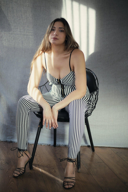 Black & White Cup Detail Zip Front Jumpsuit - Jumpsuit - Avinci