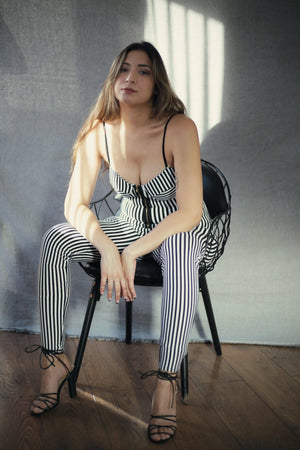 Black & White Cup Detail Zip Front Jumpsuit - Jumpsuit - Avinci