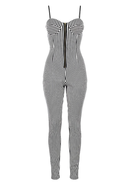 Cup Detail Fitted Chic Style Black & White Zip Front Jumpsuit