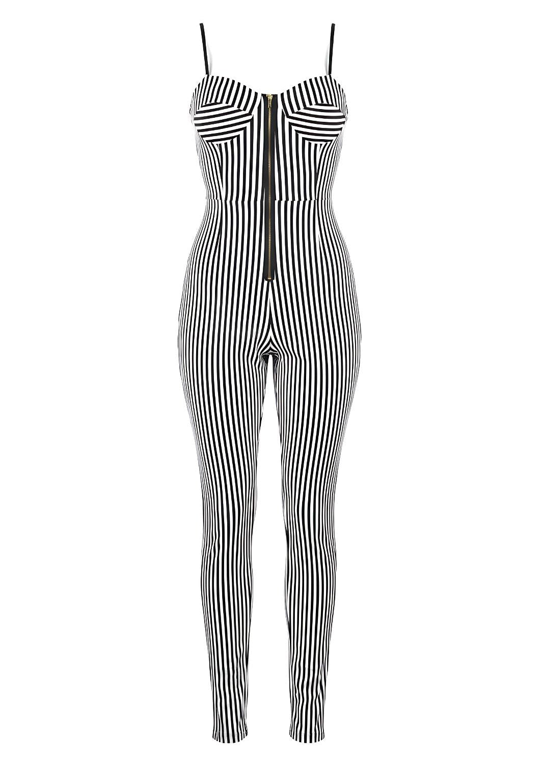 Cup Detail Fitted Chic Style Black & White Zip Front Jumpsuit