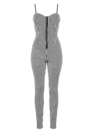 Cup Detail Fitted Chic Style Black & White Zip Front Jumpsuit