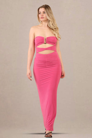 Close-up of cut-out bandeau bodycon fit maxi dress front